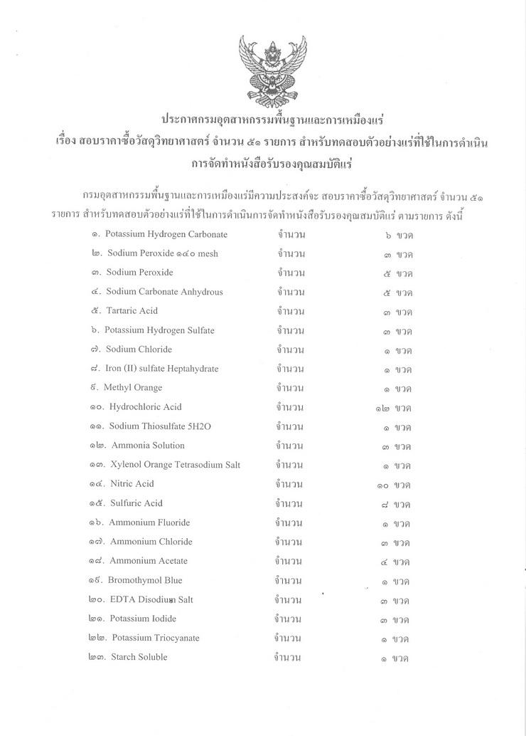 สอบราคาซื้อวัสดุวิทยาศาสตร์ จำนวน 51 รายการ สำหรับทดสอบตัวอย่างแร่ที่ใช้ในการดำเนินการจัดทำหนังสือรับรองคุณสมบัติแร่ [10-09-2557]
